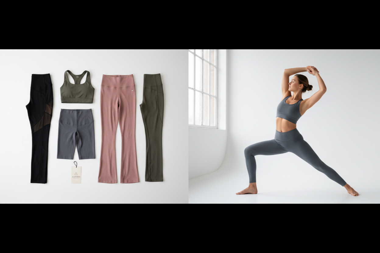 Haideyu OEM custom women yoga pants collection banner, flat lay of high waist flare leggings, biker shorts and sports bra with fitness model shot, wholesale private label activewear for gym pilates workout on haideyu.com