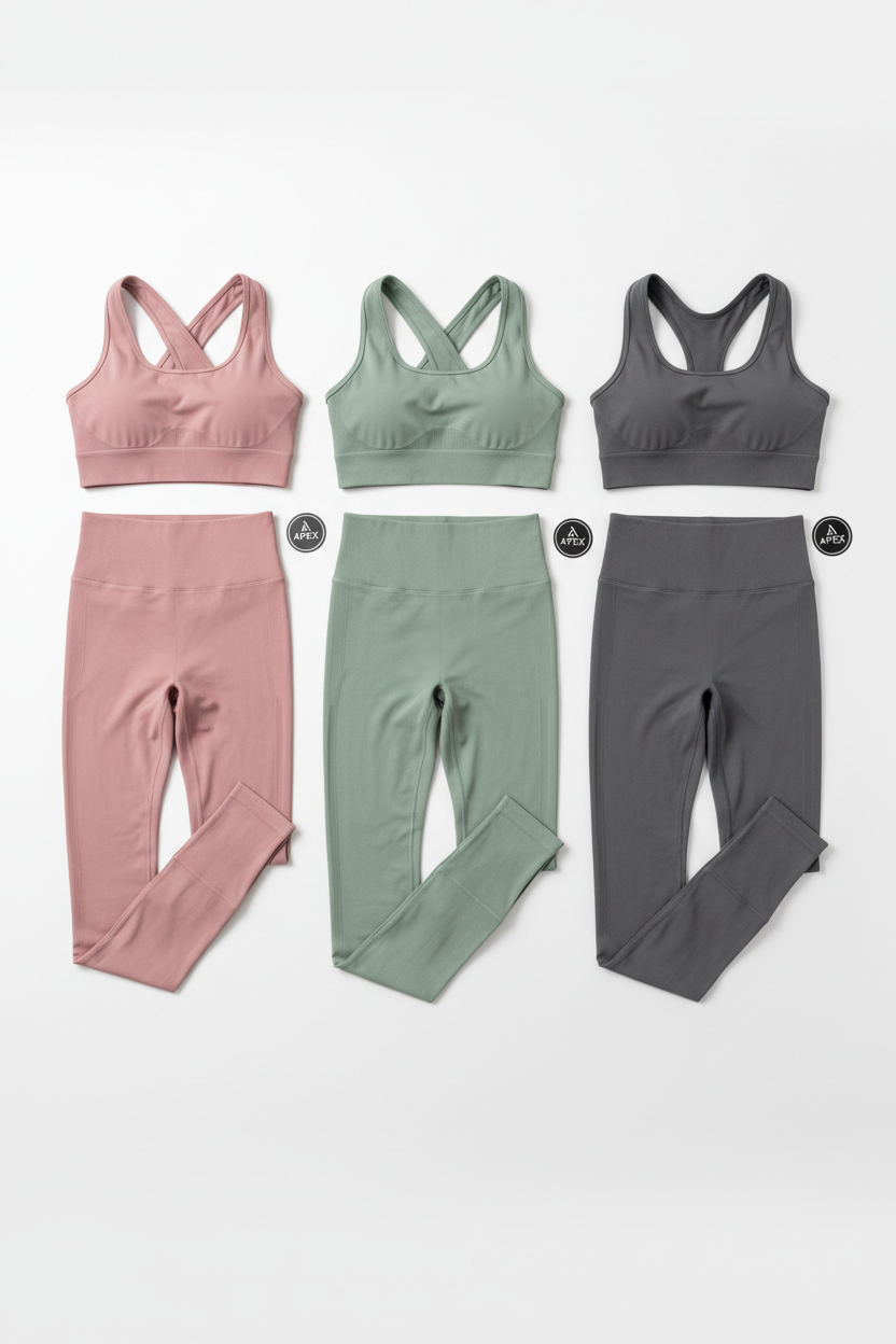 Haideyu OEM custom women yoga set flat lay banner, three color matching cross back sports bra & high waist full length leggings, soft stretch activewear for gym pilates workout, wholesale private label fitness apparel on haideyu.com