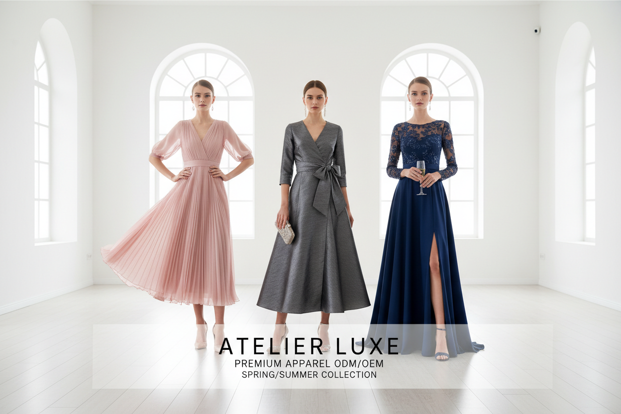 Haideyu OEM custom women evening maxi dress collection banner, 3 styles formal party gowns including pink pleated midi dress, grey wrap waist midi gown and navy lace long slit dress, wholesale private label bridesmaid & banquet apparel on haideyu.com