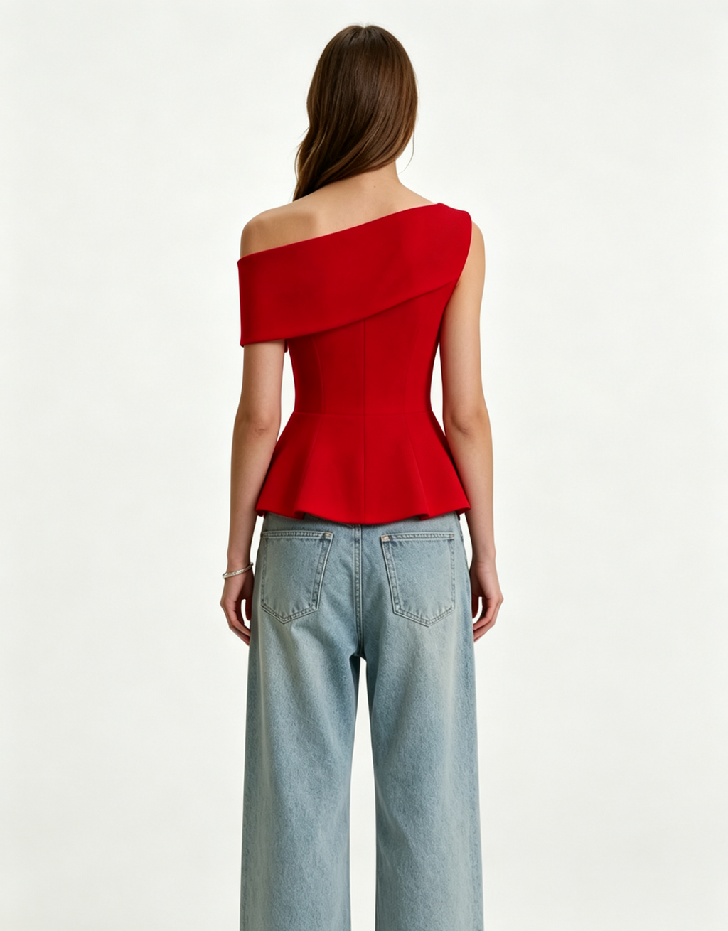 Haideyu ODM custom tailored red folded neck off shoulder peplum top dynamic full body model pose, match light wash jeans daily fashion look, customizable fabric color size logo, clean transparent background fashion wear photo