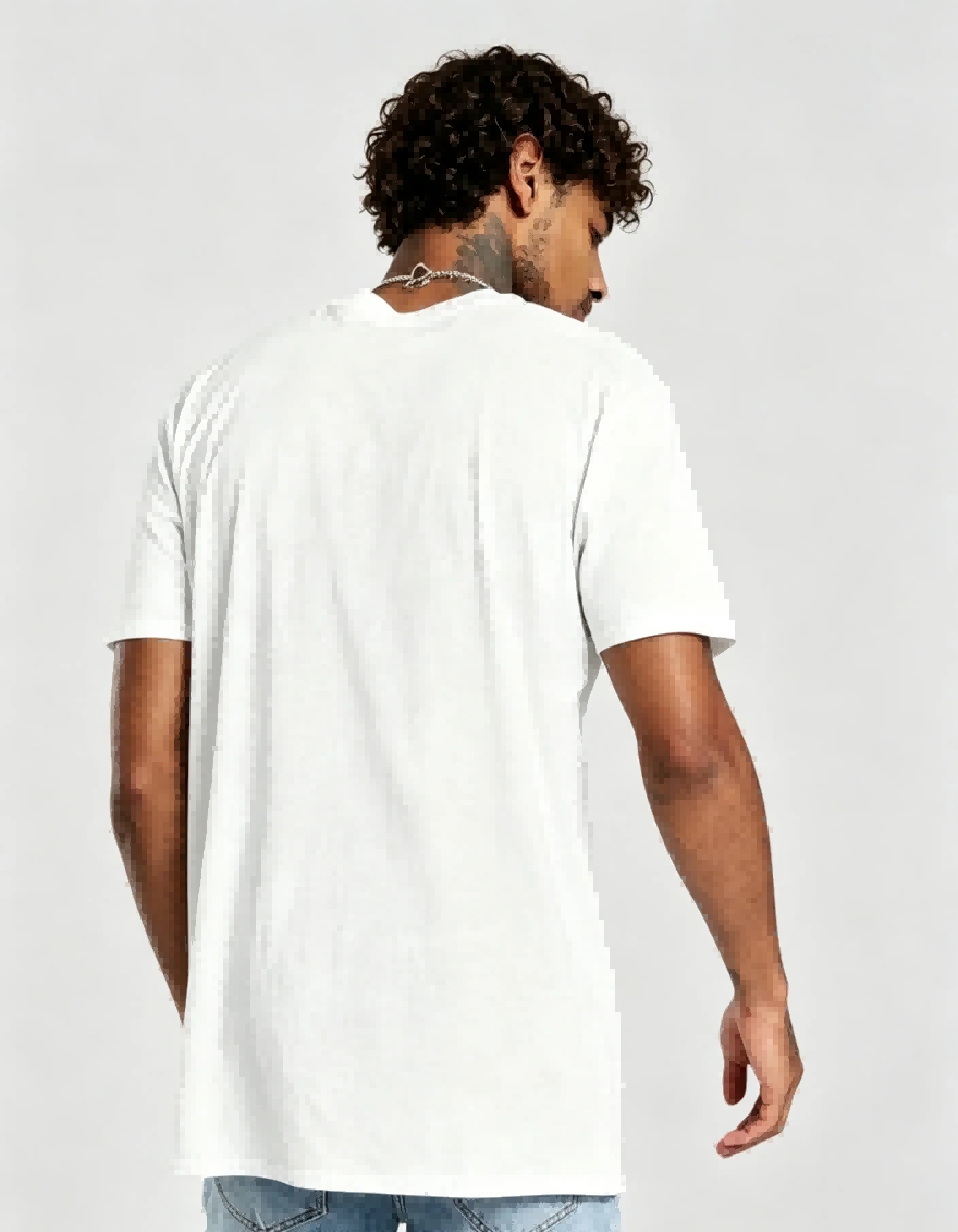 Back profile view of blank white basic cotton short sleeve tee, clean minimalist cut for global custom bulk manufacturing men’s everyday wear