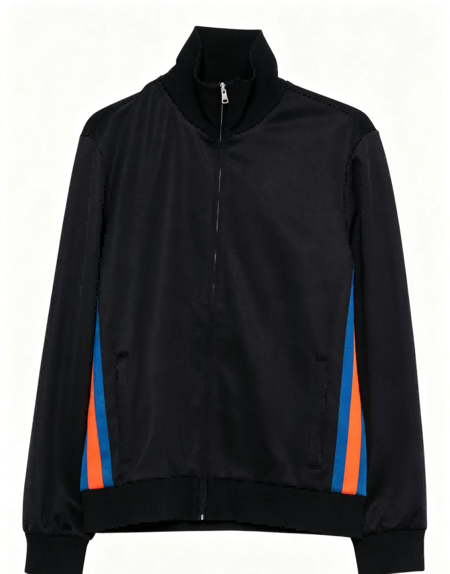 Haideyu OEM black men’s zip up stand collar track jacket front flat shot, orange blue side color stripe lightweight sport outerwear for custom bulk manufacturing orders on haideyu.com