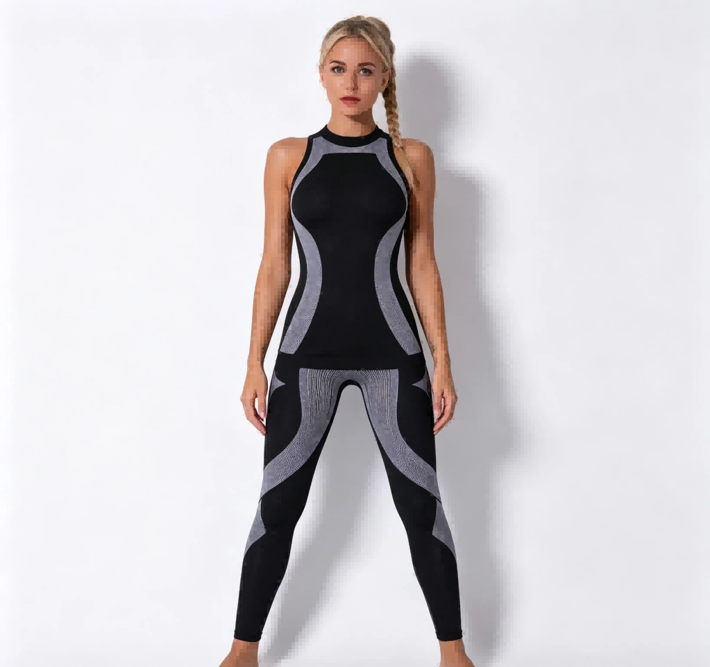 Haideyu OEM black grey color block seamless two-piece yoga set full front standing shot, racerback tank + anti-slip high waist leggings for bulk custom manufacturing orders on haideyu.com