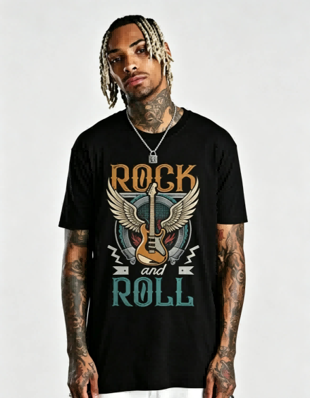 Haideyu OEM black vintage rock roll graphic men’s cotton t-shirt front lifestyle shot, soft ring-spun casual short sleeve tee for custom manufacturingorders on haideyu.com