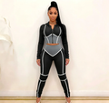 Haideyu OEM black two-piece yoga set front full-body shot, zip long sleeve crop top + contrast stripe high waist leggings for bulk orders on haideyu.com