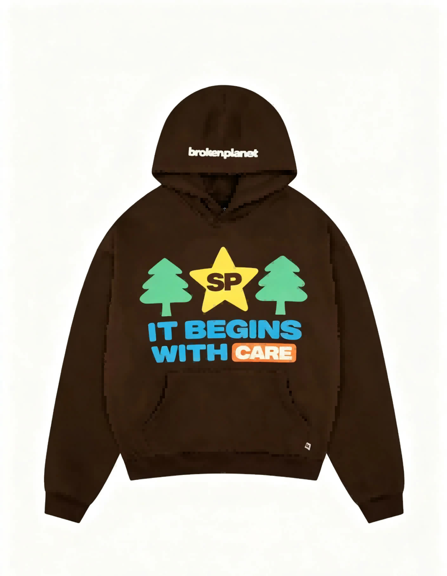 Haideyu OEM brown oversized men’s fleece pullover hoodie flat product shot, tree star colorful slogan front print streetwear hoodie for custom bulk manufacturing orders on haideyu.com