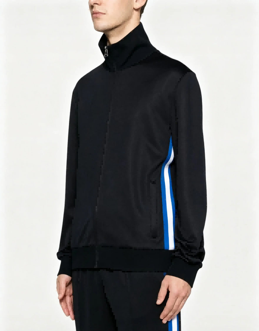 Side profile shot of contrast vertical stripe men’s track jacket, elastic rib cuffs and hem for global custom bulk manufacturingeveryday sport coats