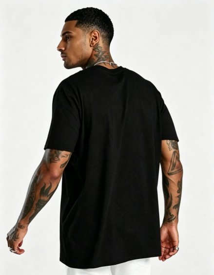 Back side profile shot of black men’s printed cotton tee, relaxed regular fit crew neck streetwear for private label men’s apparel