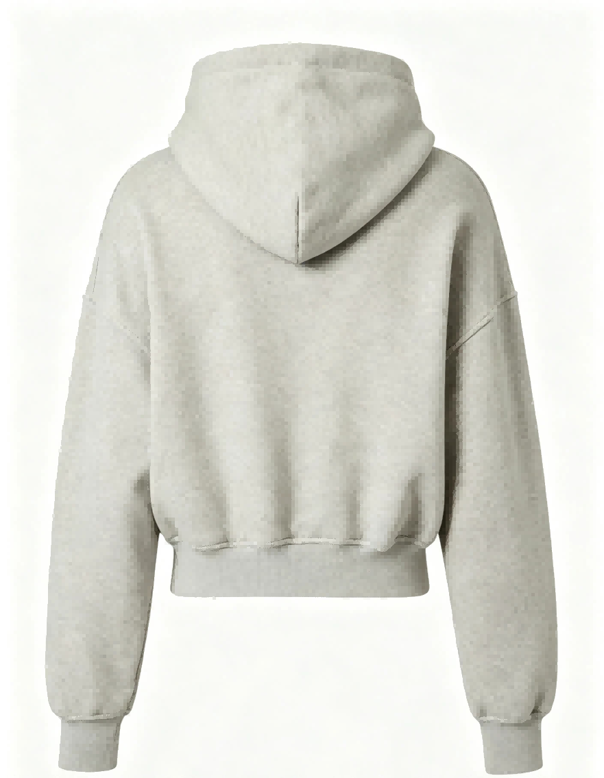 Flat full back view of cropped snake print hoodie, thick brushed cotton fleece elastic rib hem for independent brand men’s skate apparel OEM processing