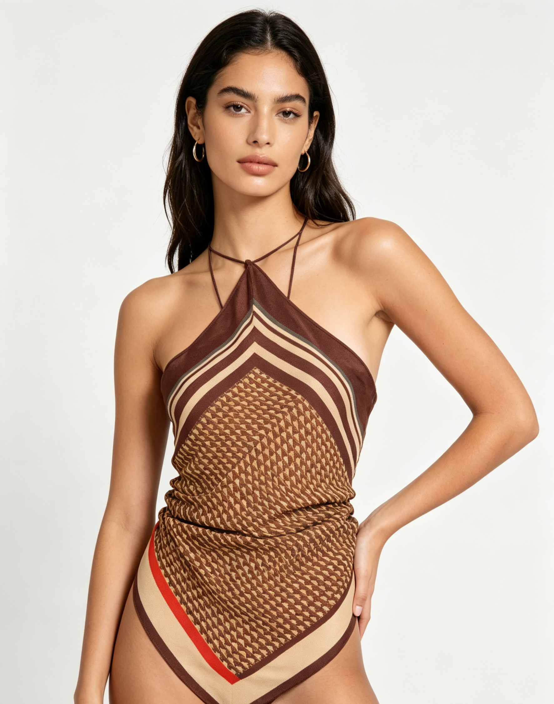 Custom women vintage geometric print silk halter scarf top, slim fit bandana wrap camisole, retro brown stripe print sleeveless party top OEM OD