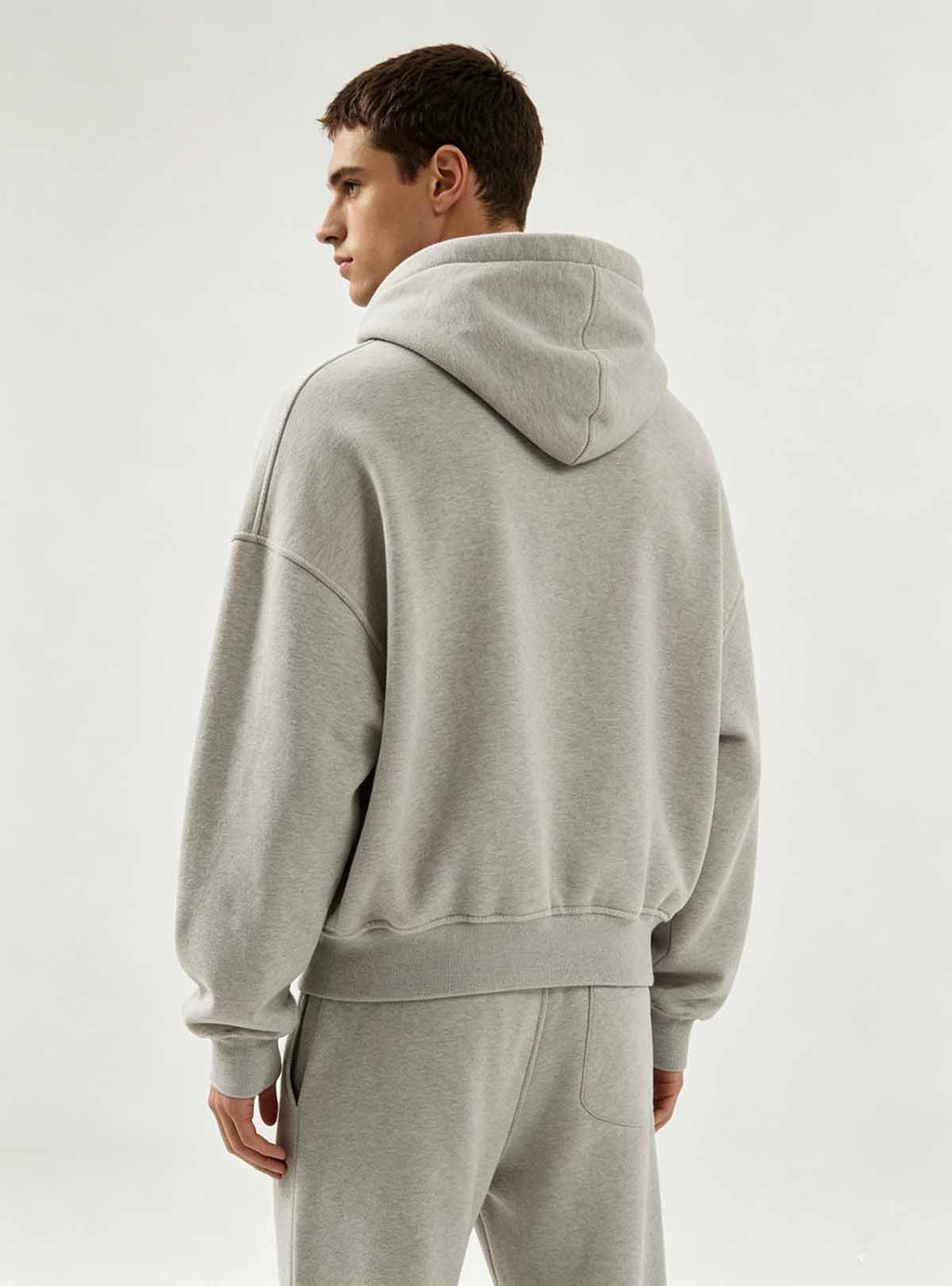 Back side profile shot of snake graphic cropped pullover hoodie, adjustable drawstring hood for men’s transitional outerwear brand custom development
