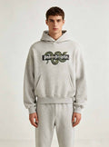  Full front standing pose of grey cropped hoodie on male model, drop shoulder oversized loose fit casual street top for ODM custom fashion brand series