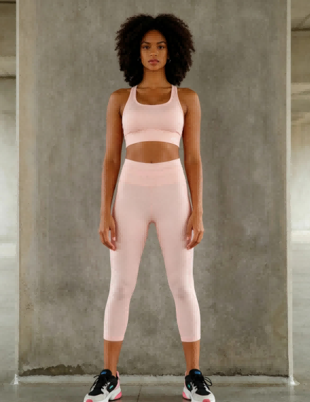 Full standing shot of moisture-wicking yoga set, tummy control high waist capri leggings for ODM fitness apparel