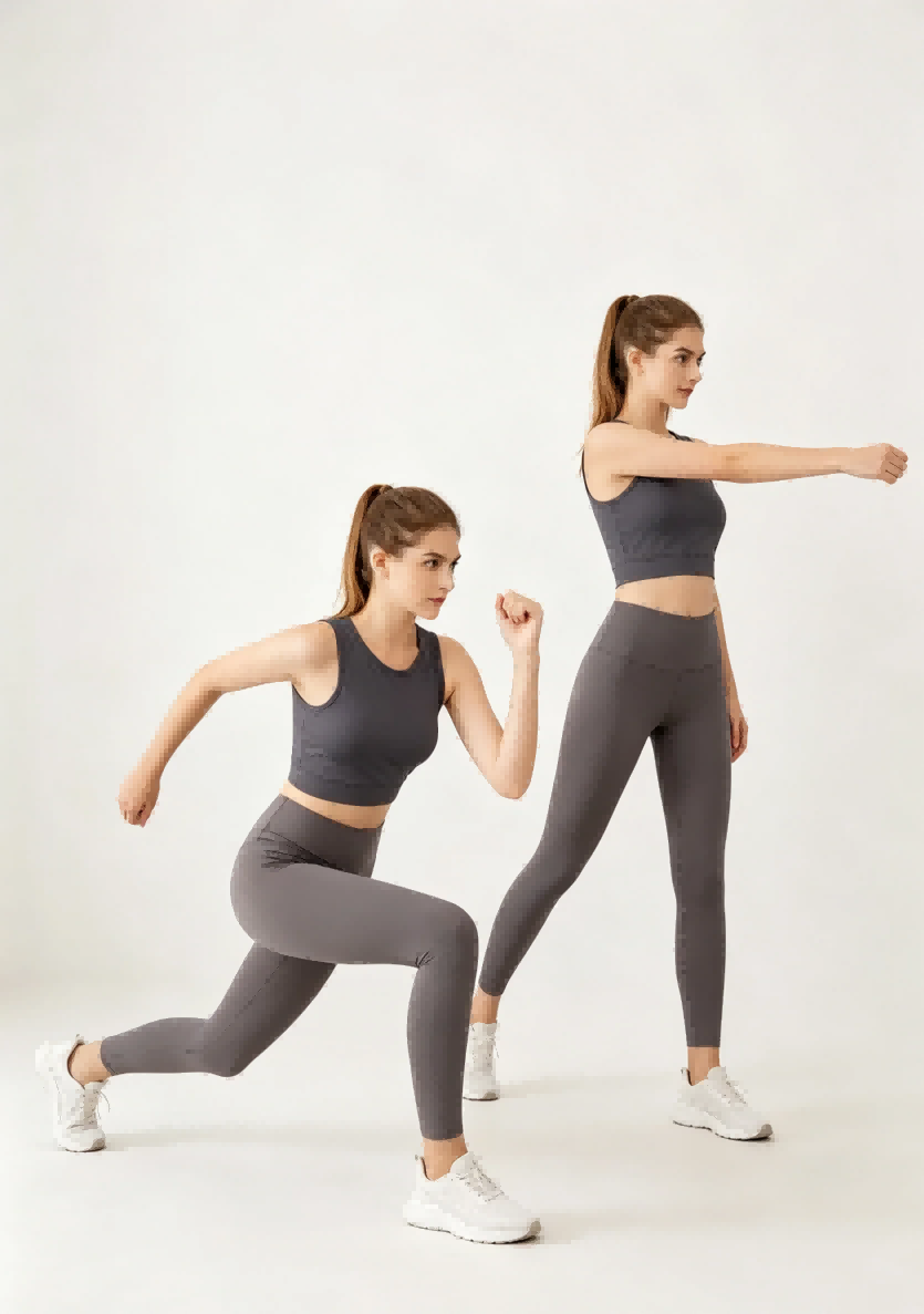Squat pose photo of grey activewear set, tummy control high waist leggings for ODM custom women’s sportswear