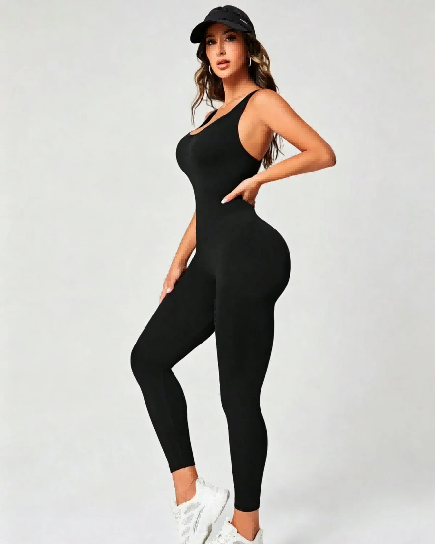 Back strap close-up of integrated yoga jumpsuit, flatlock seamless stitching for private label custom manufacturing fitness apparel