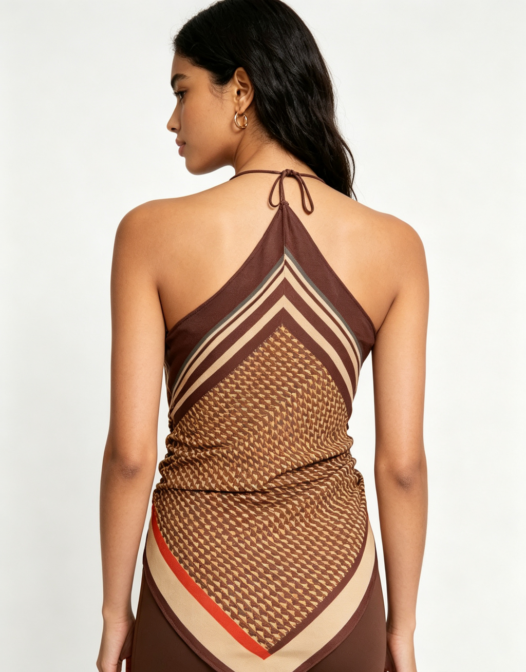 ODM custom retro geometric pattern silk halter wrap top, slim ruched bandana camisole for women daily streetwear private label