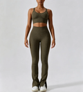Haideyu OEM olive ribbed two-piece yoga set full front lifestyle shot, lace-up back cropped tank + high waist split flared leggings for custom manufacturingorders on haideyu.com