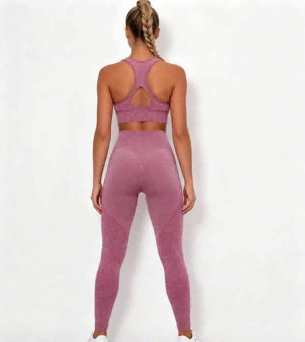 Haideyu pink seamless mesh two-piece yoga set back view, racerback sports bra and high waist perforated leggings for custom manufacturing orders on haideyu.com
