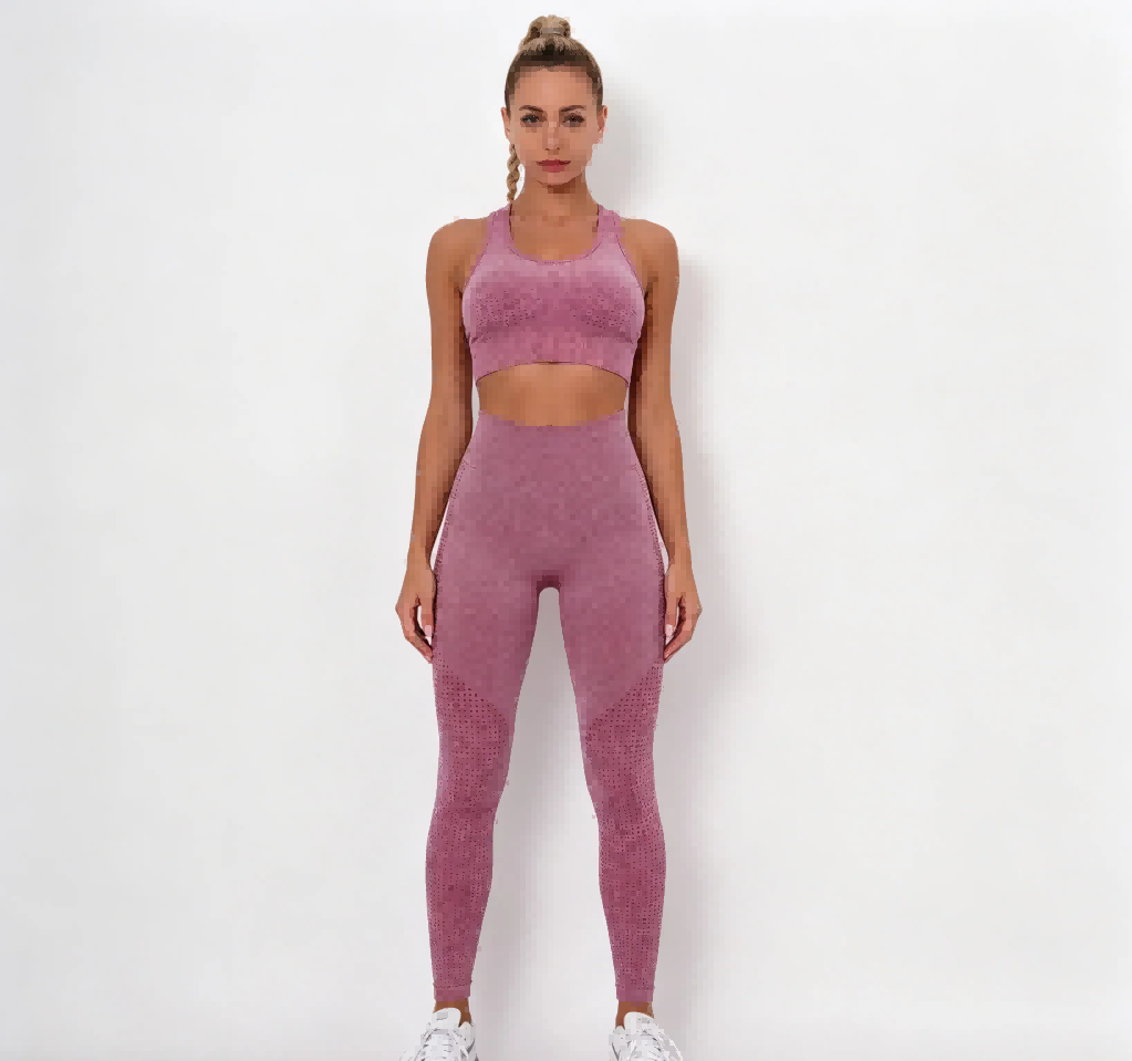 Full front shot of textured seamless fitness suit, bubble jacquard fabric for private label women’s activewear