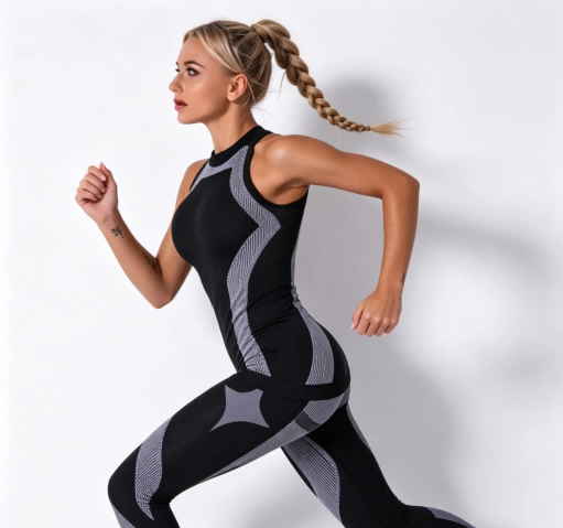 Dynamic running action photo of sleeveless color block workout outfit, seamless chafe-free stitching for ODM custom sportswear