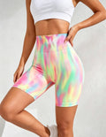 Haideyu OEM pastel rainbow tie dye high waist yoga biker shorts side knee pose, four-way stretch tummy control printed workout shorts for custom bulk manufacturingorders on haideyu.com