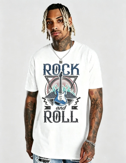 Full front standing pose of white version rock graphic t-shirt, breathable lightweight cotton fabric for ODM custom casual tops