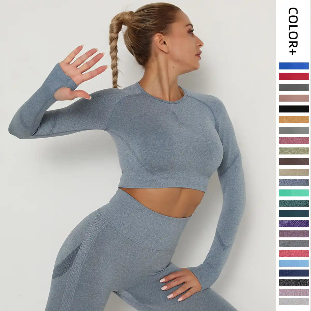 Side pose of stretch fitness suit with color swatch, four-way moisture-wicking fabric for private label activewear bulk production