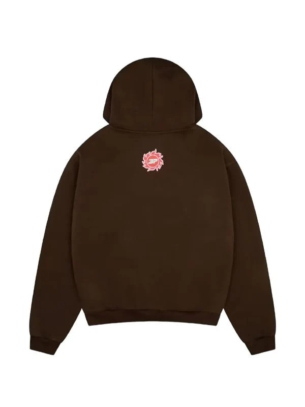 Flat back view of brown printed hoodie with small rear logo, elastic rib hem and cuffs for ODM custom skate wear