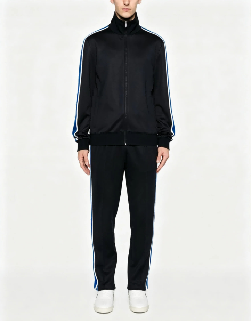Full body standing pose of striped men’s windproof track jacket, relaxed regular fit layering sportswear for private label men’s apparel