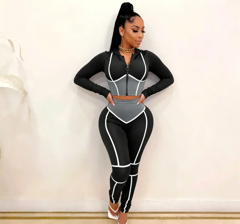 Side walking pose of fashion activewear set, white contrast piping detail for private label women’s fitness apparel