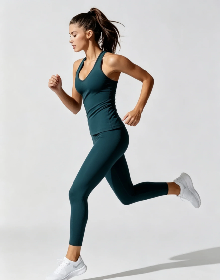 Running action pose of women’s matching fitness set, four-way stretch moisture-wicking fabric for private label activewear