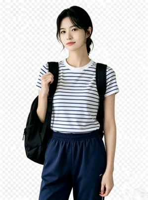 Haideyu OEM women’s blue striped crew neck short sleeve top front lifestyle photo, casual cotton tee for custom manufacturing orders on haideyu.com
