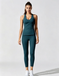 Haideyu OEM teal two-piece yoga set front full-body shot, racerback padded tank top with high waist leggings for  custom bulk manufacturingorders on haideyu.com