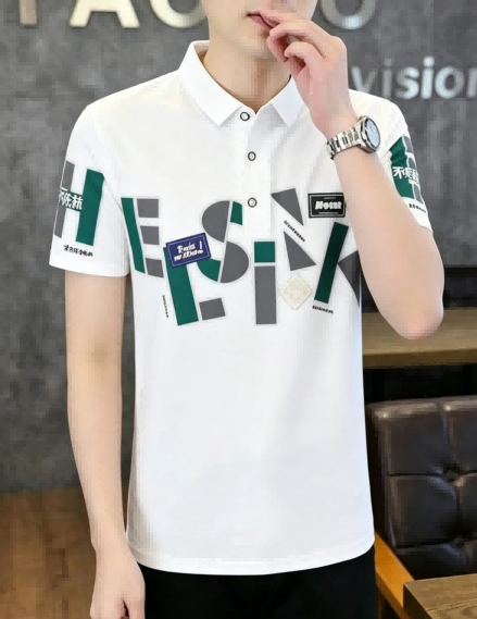 Haideyu OEM white spliced letter print men’s short sleeve polo shirt full front lifestyle shot, soft breathable casual lapel top for custom manufacturing orders on haideyu.com