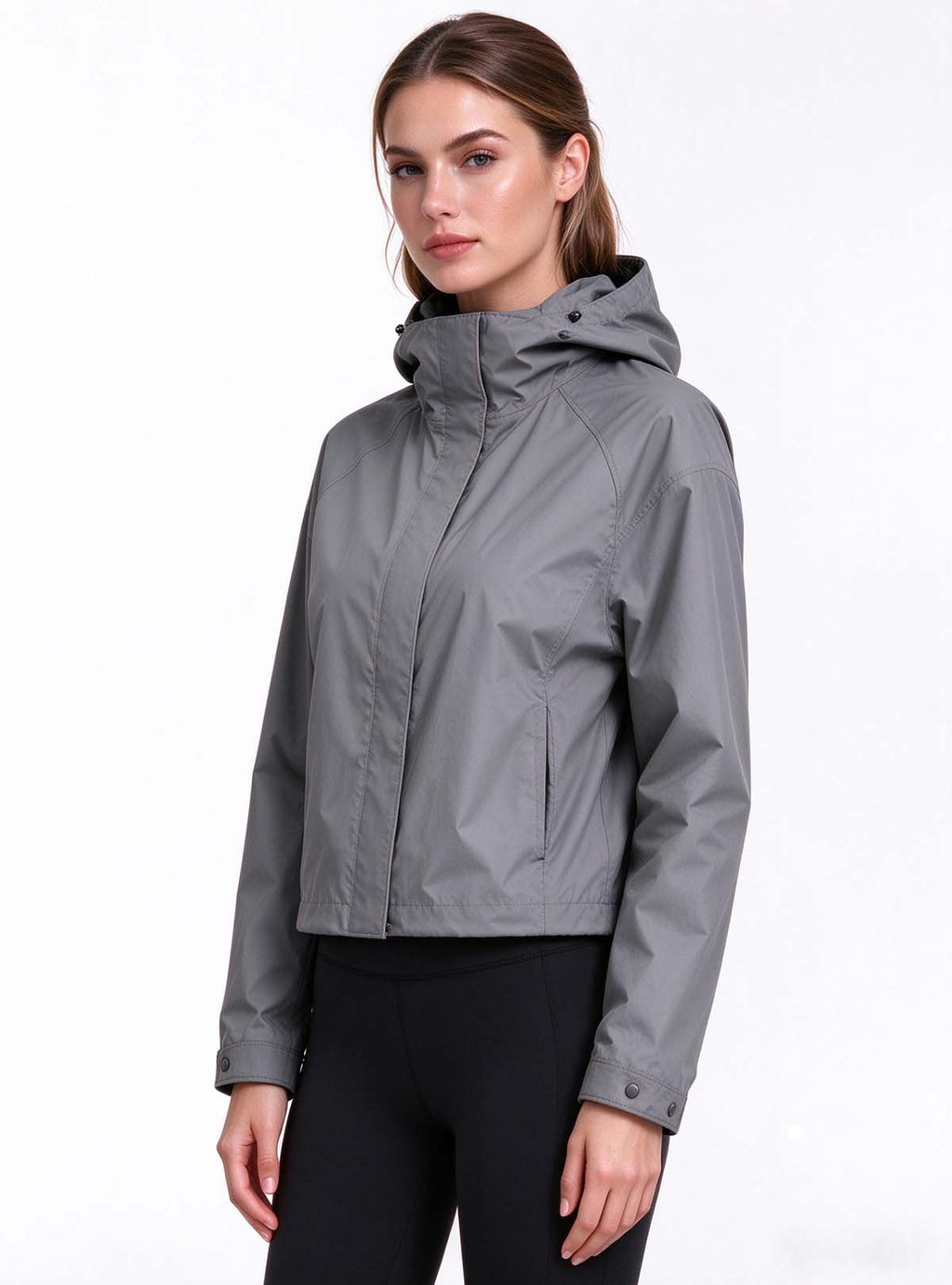 Haideyu ladies short hooded water repellent jacket 45 degree side view, OEM ODM custom lightweight women outdoor cropped jacket, pure white studio background