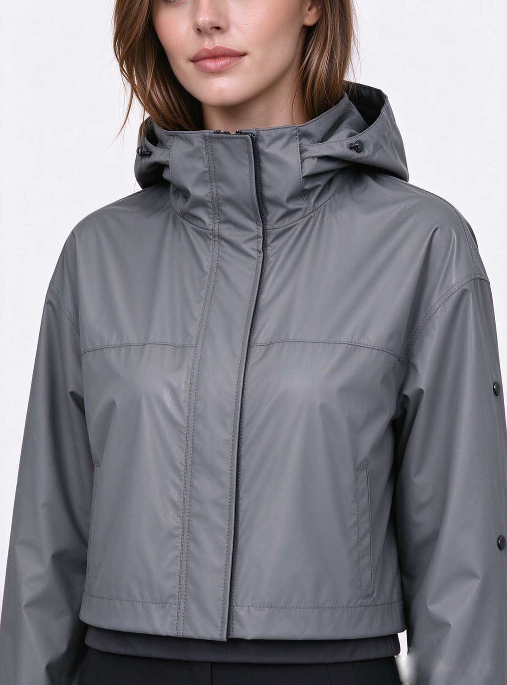 Haideyu water repellent fabric closeup for women cropped hooded jacket, custom OEM ODM outdoor garment material texture detail, studio macro shot