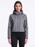Haideyu women cropped hooded water repellent jacket front view, custom OEM ODM lightweight outdoor short hooded jacket for ladies, plain white studio shot