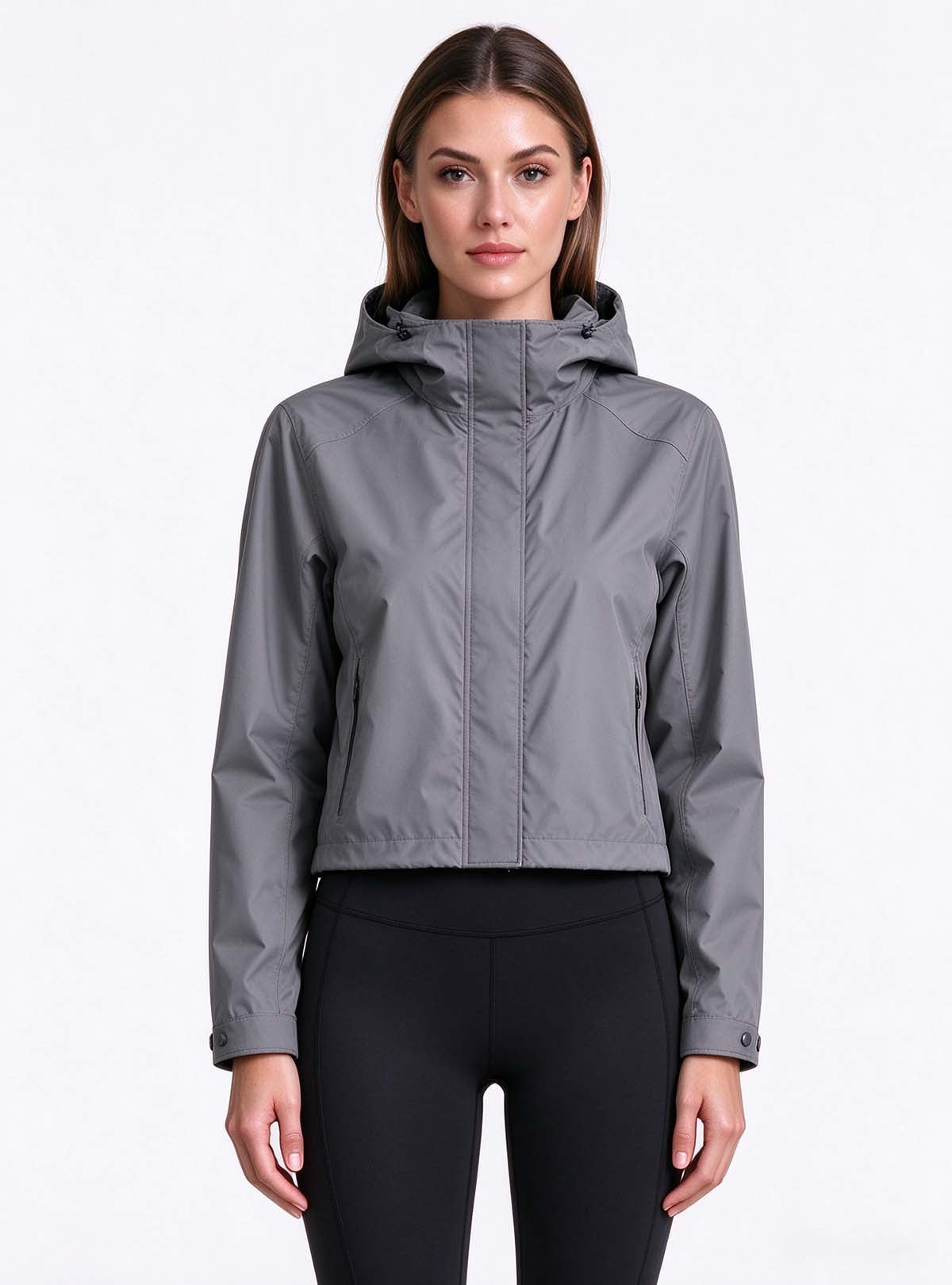 Haideyu women cropped hooded water repellent jacket front view, custom OEM ODM lightweight outdoor short hooded jacket for ladies, plain white studio shot