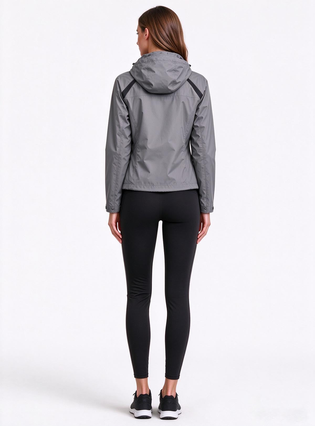Haideyu custom women cropped water resistant hooded jacket back full body view, OEM ODM outdoor women short hood jacket, white background e-commerce photo