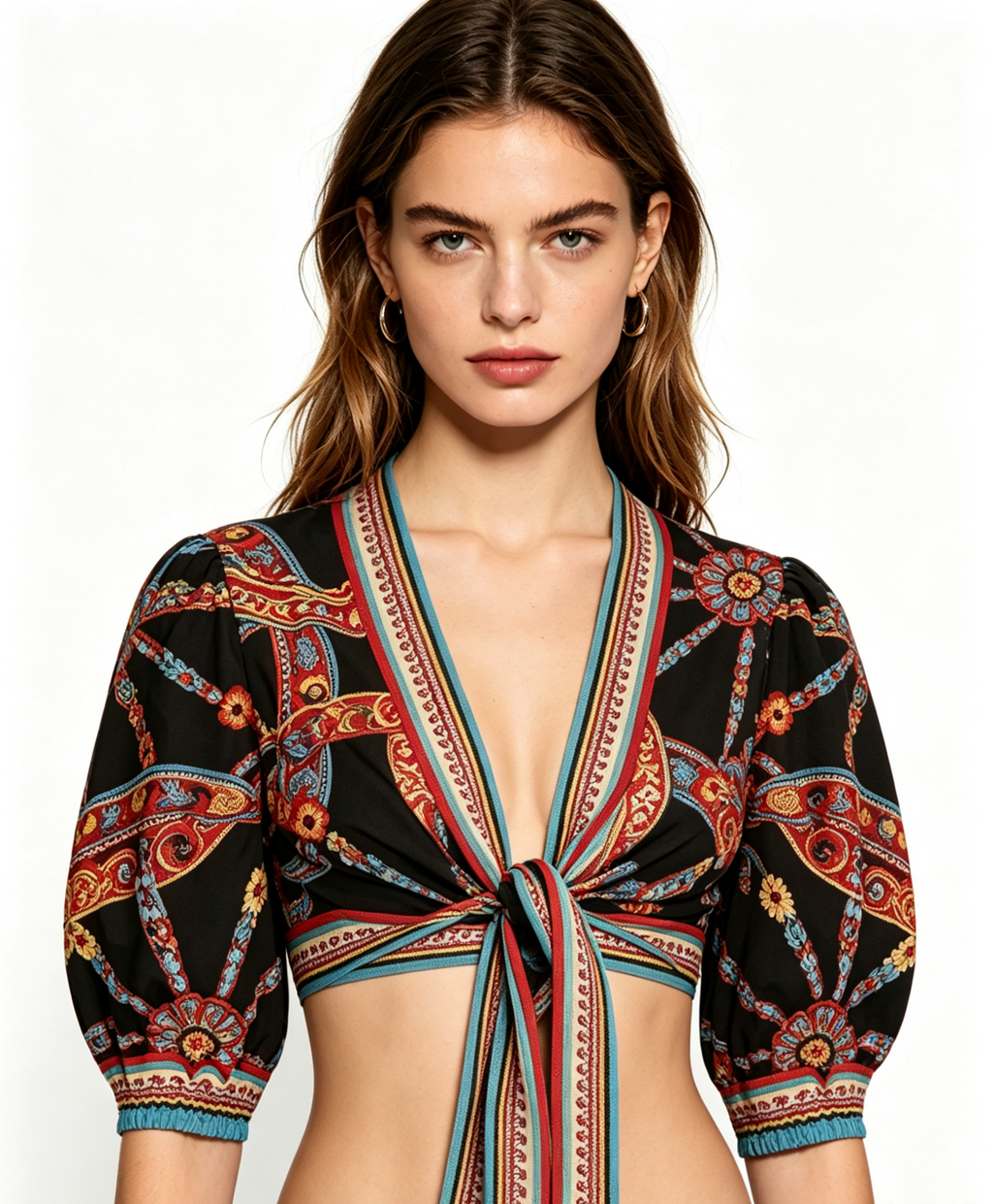 Haideyu custom multicolor Carretto print tie-front cropped blouse with puff sleeves, front view