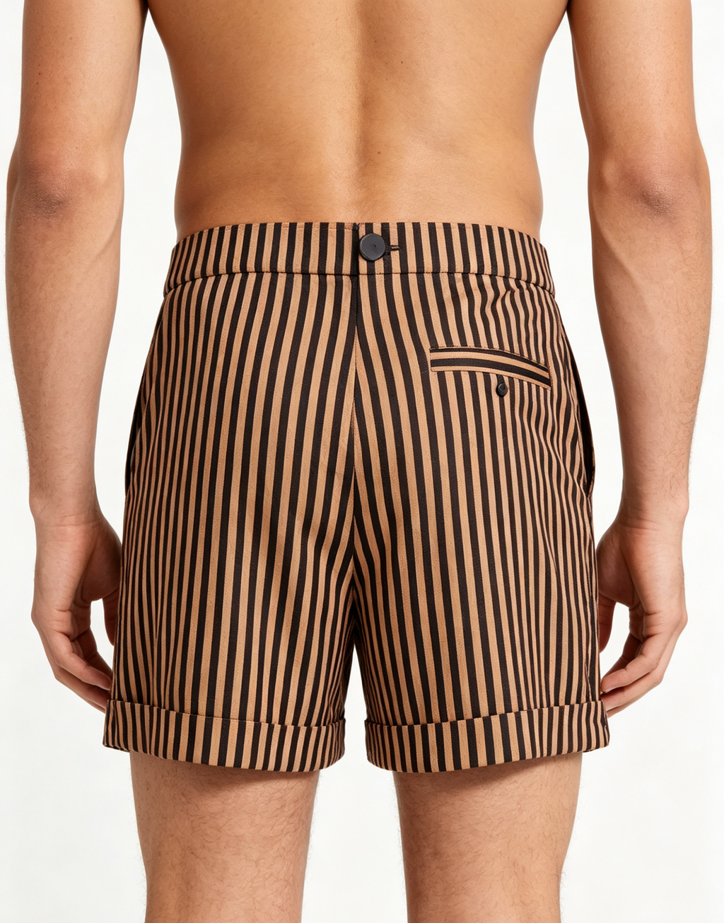 Haideyu custom striped tailored shorts back view, rolled cuff and button detail, premium fabric, OEM clothing manufacturing for bulk orders