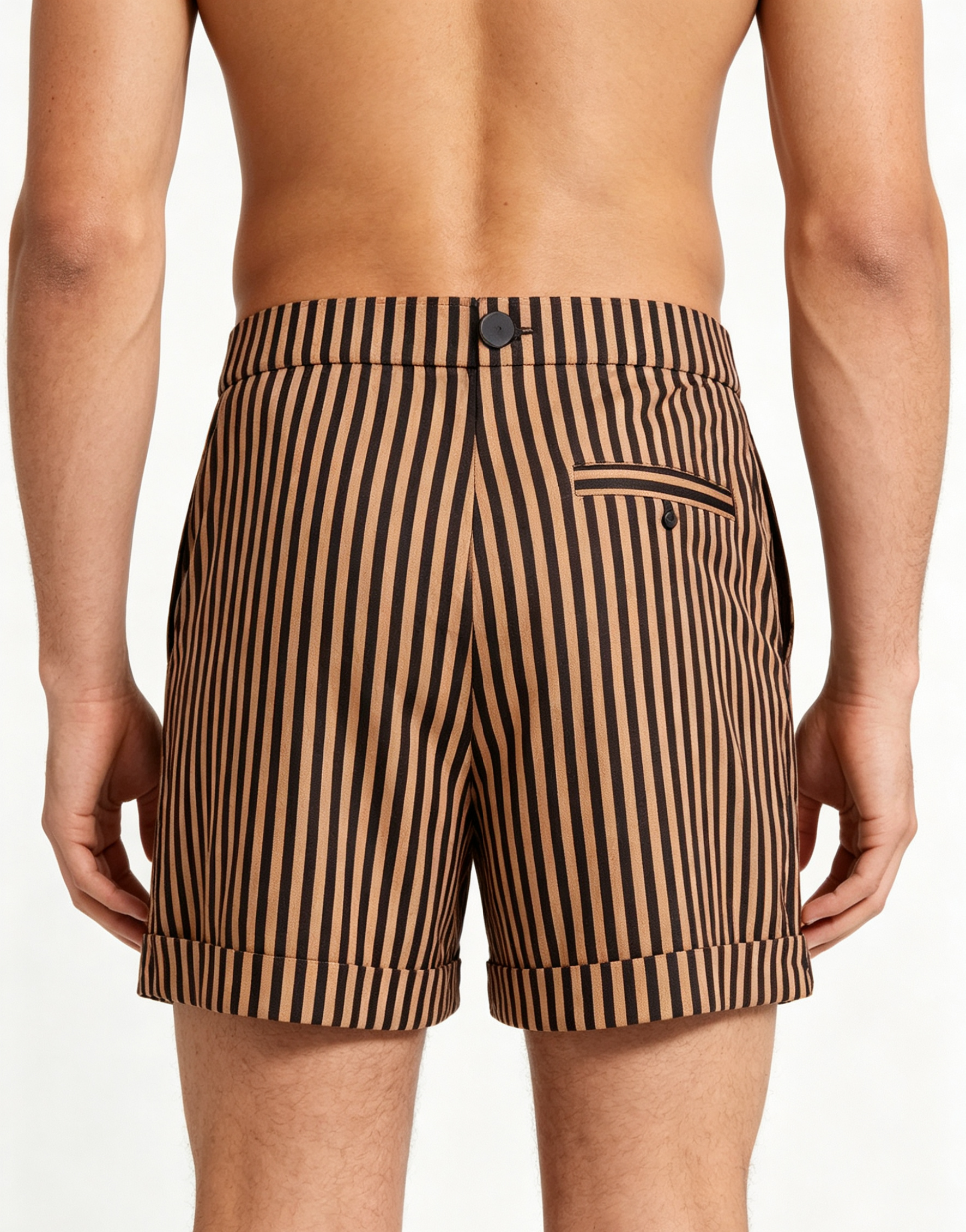 Haideyu custom striped tailored shorts back view, rolled cuff and button detail, premium fabric, OEM clothing manufacturing for bulk orders