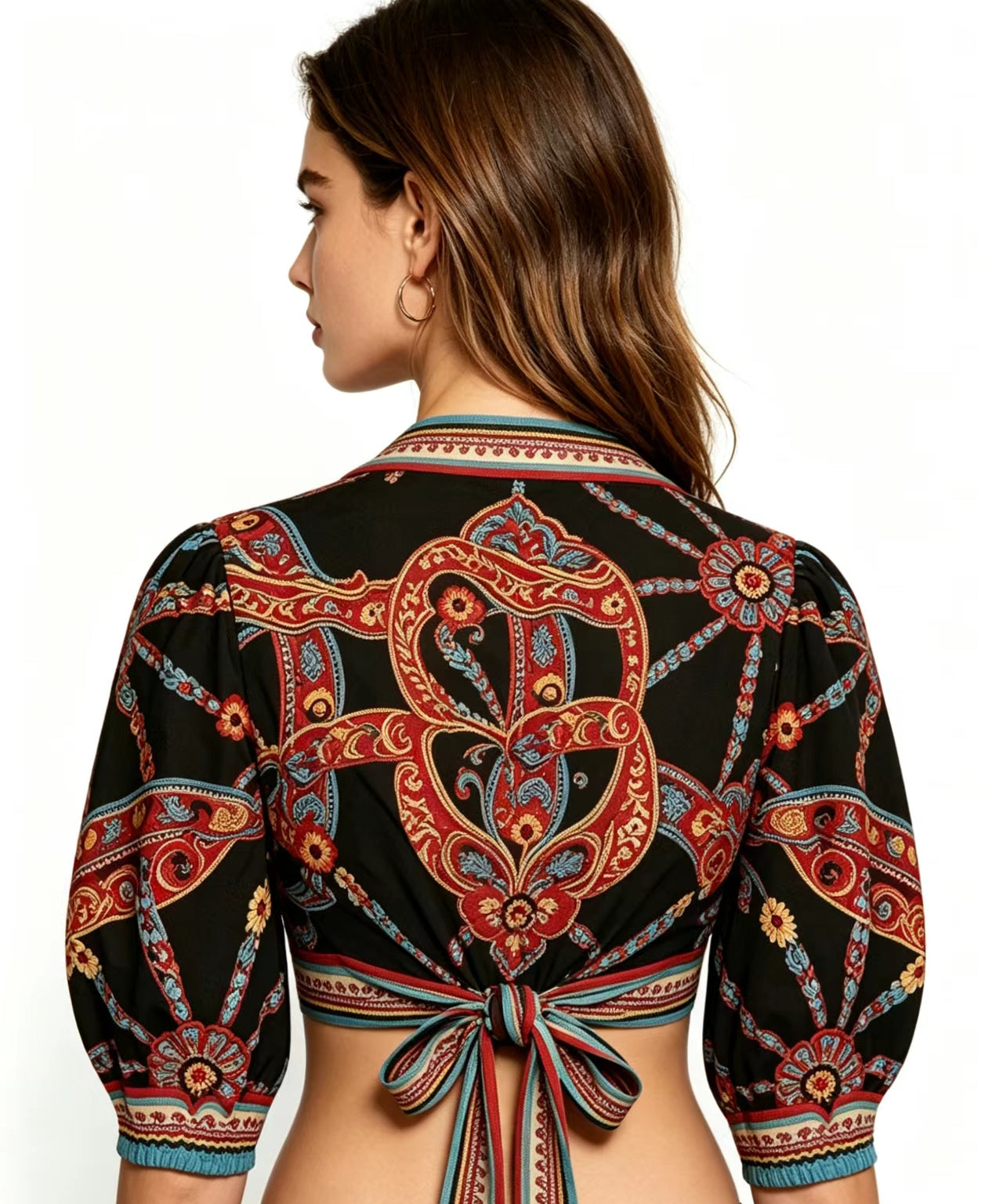 Haideyu custom Carretto print tie-front blouse, side view showing puff sleeve and tie detai