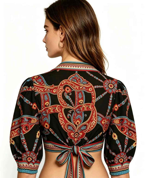 Haideyu custom Carretto print tie-front blouse, side view showing puff sleeve and tie detai