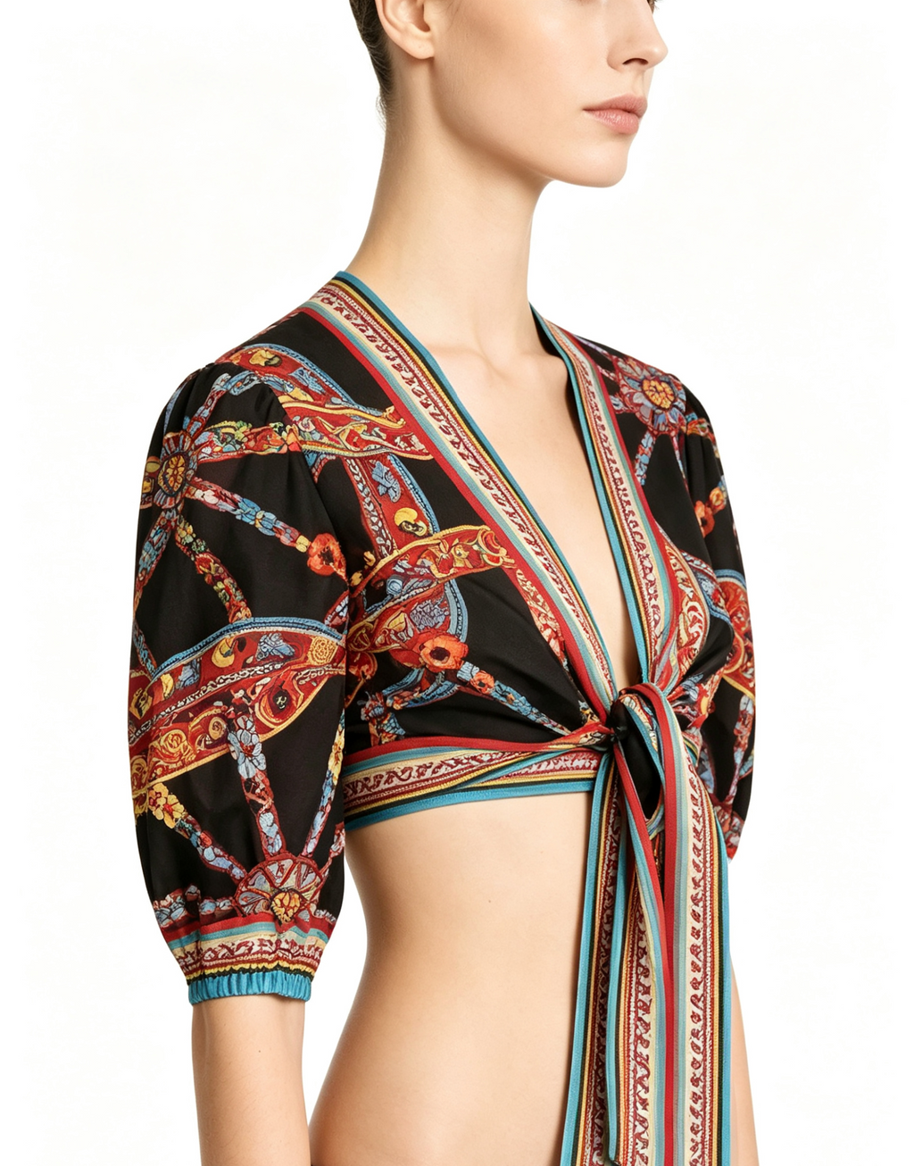 Haideyu custom back view of multicolor Carretto print tie-front cropped blouse with contrast trim