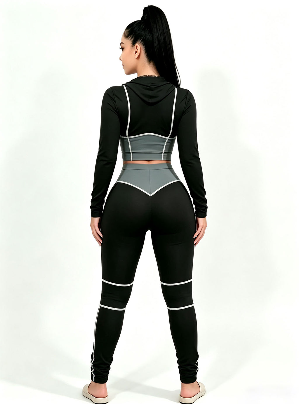 Haideyu women black gray active set back view, long-sleeve workout top and high waist leggings, custom women fitness apparel, high-definition studio product image