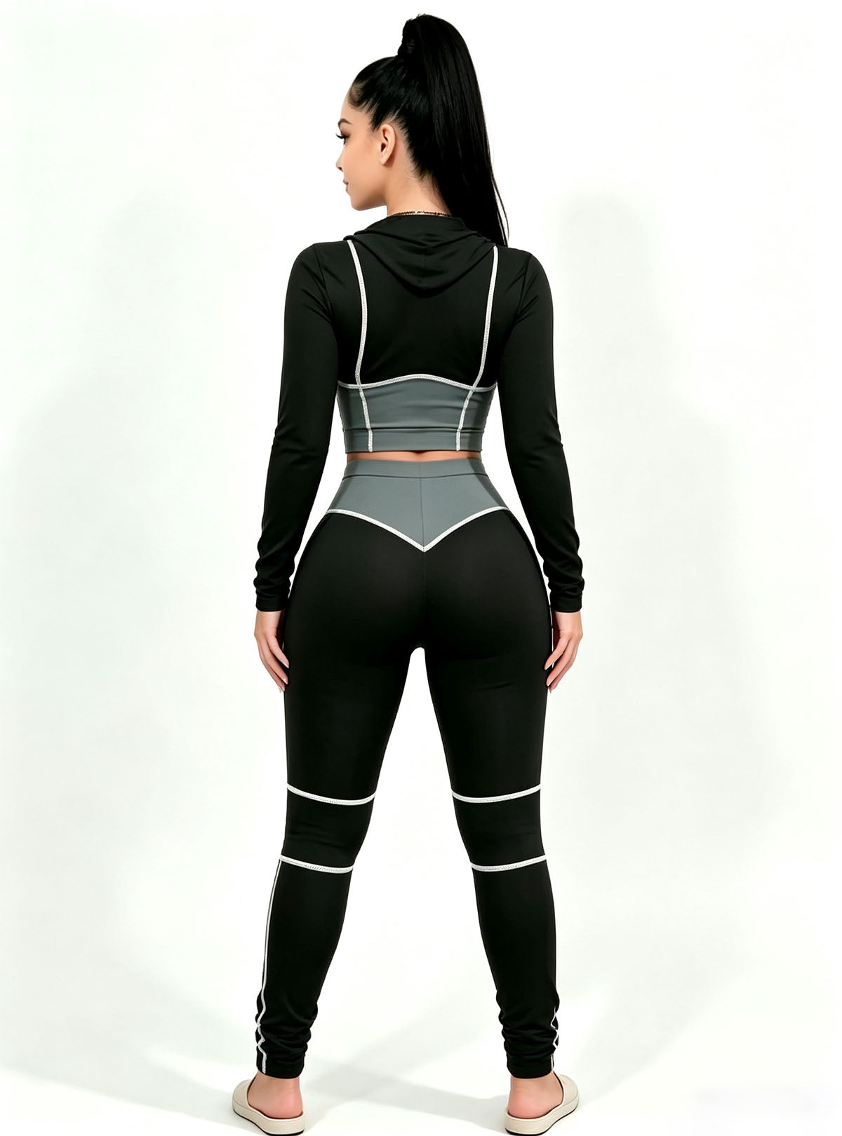 Haideyu women black gray active set back view, long-sleeve workout top and high waist leggings, custom women fitness apparel, high-definition studio product image