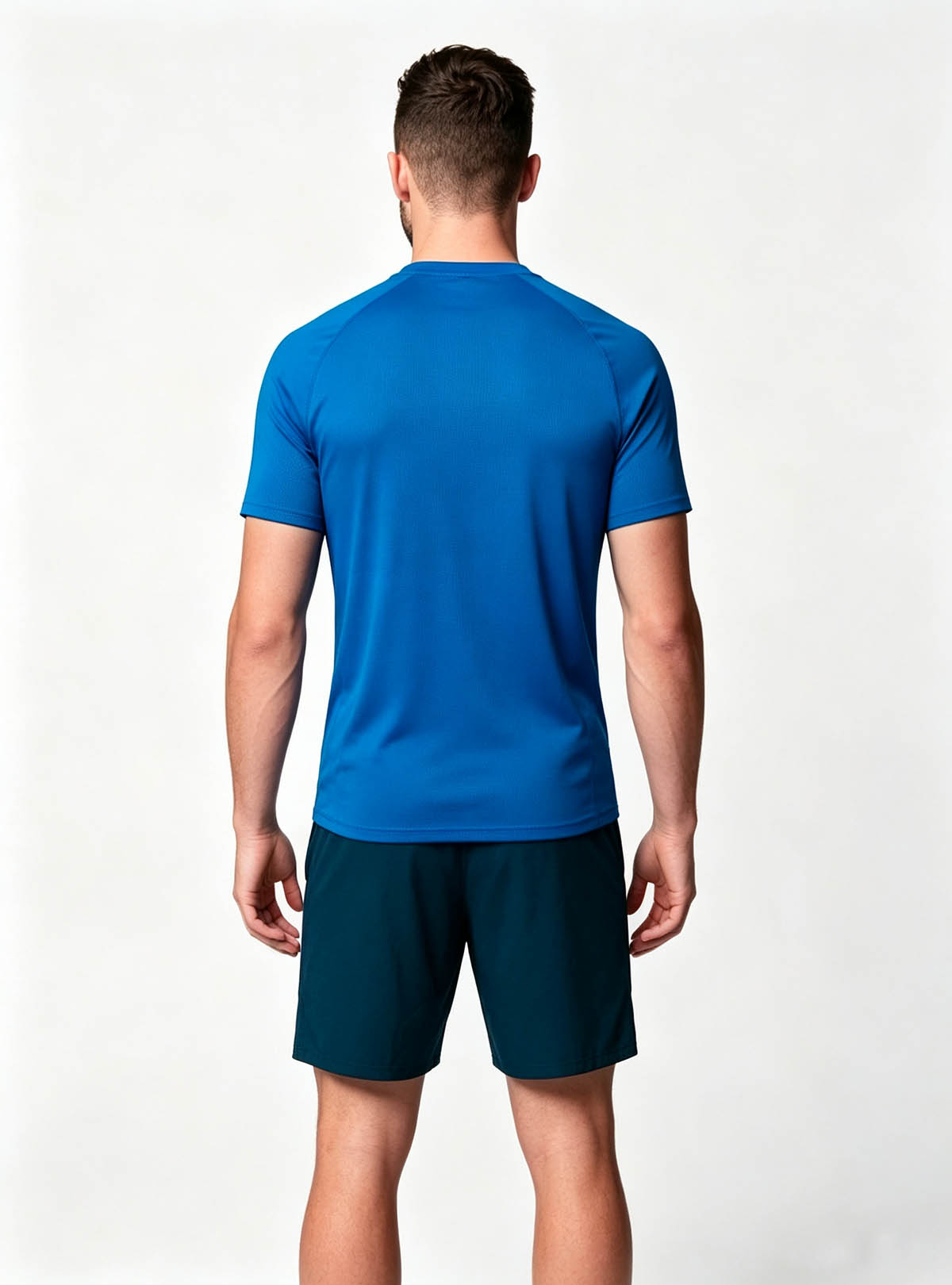 Haideyu women blue sports t-shirt and shorts set back view, short sleeve activewear outfit, custom women casual sportswear, high-definition studio product image