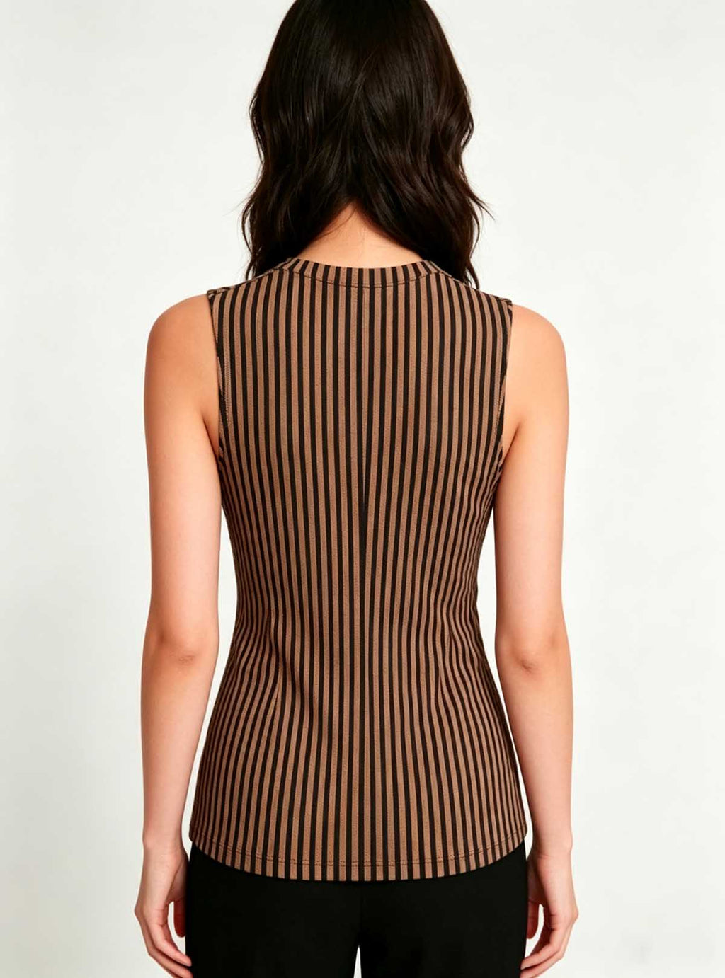 Haideyu women brown black stripe sleeveless top back view, round neck casual blouse, custom women fashion apparel, high-definition studio product image