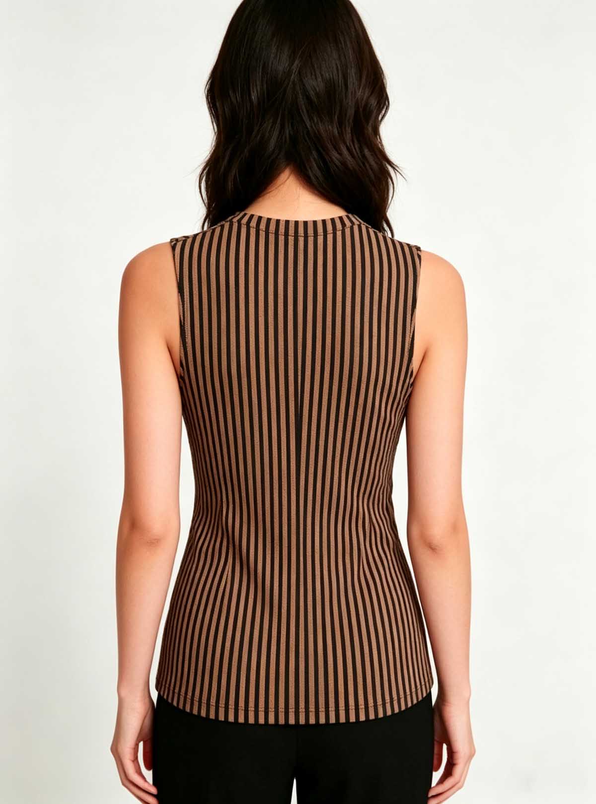 Haideyu women brown black stripe sleeveless top back view, round neck casual blouse, custom women fashion apparel, high-definition studio product image